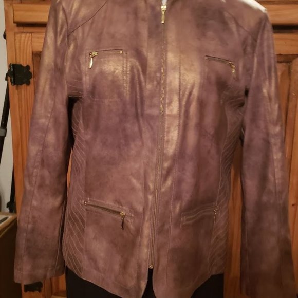 Chicos Size 2 (M) Bronze Jacket Poly/spandex Metallic Casual Zippers - Picture 2 of 6
